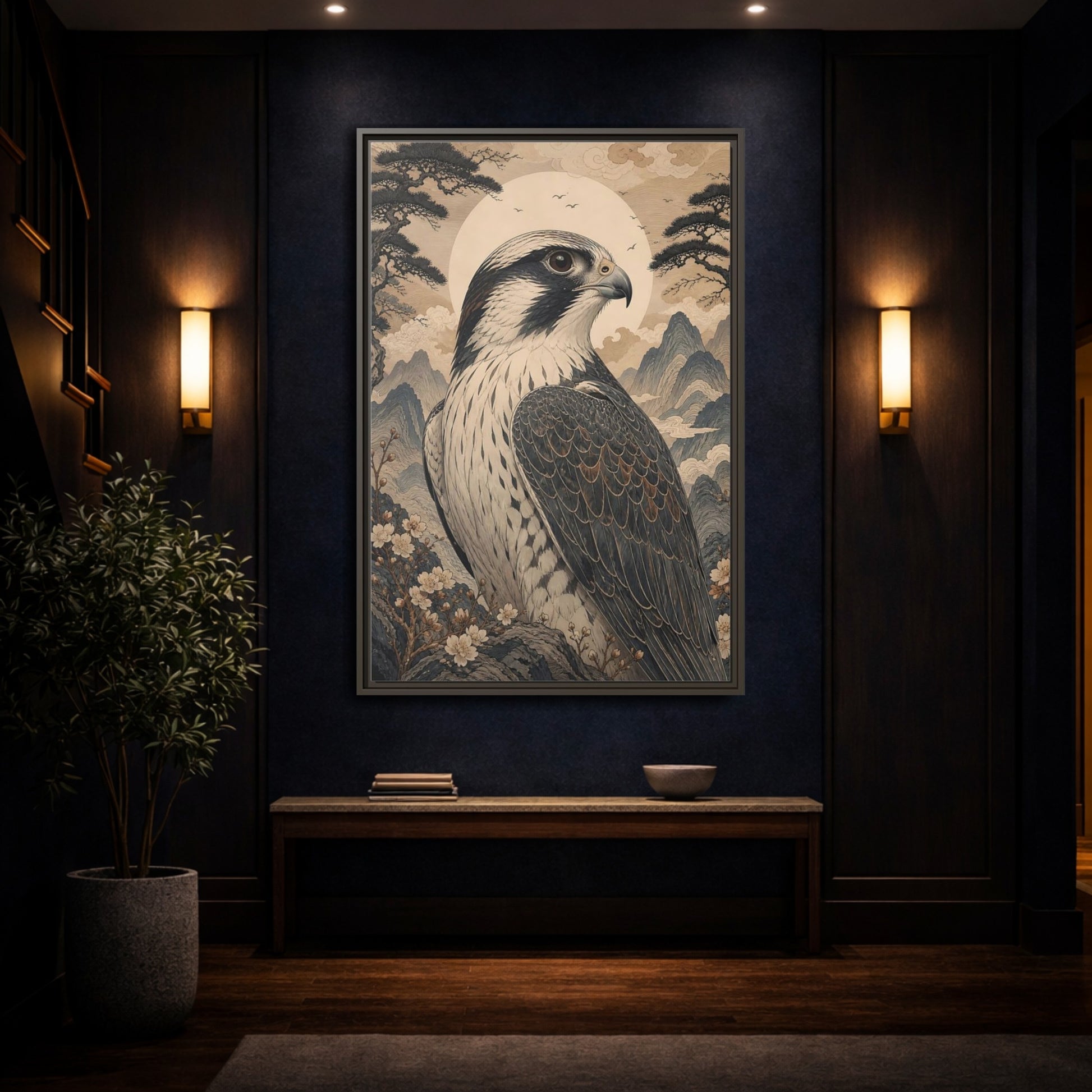 Mockup 4. Birds Falcon Ukiyo-E Falcon shown as stretched canvas wall art