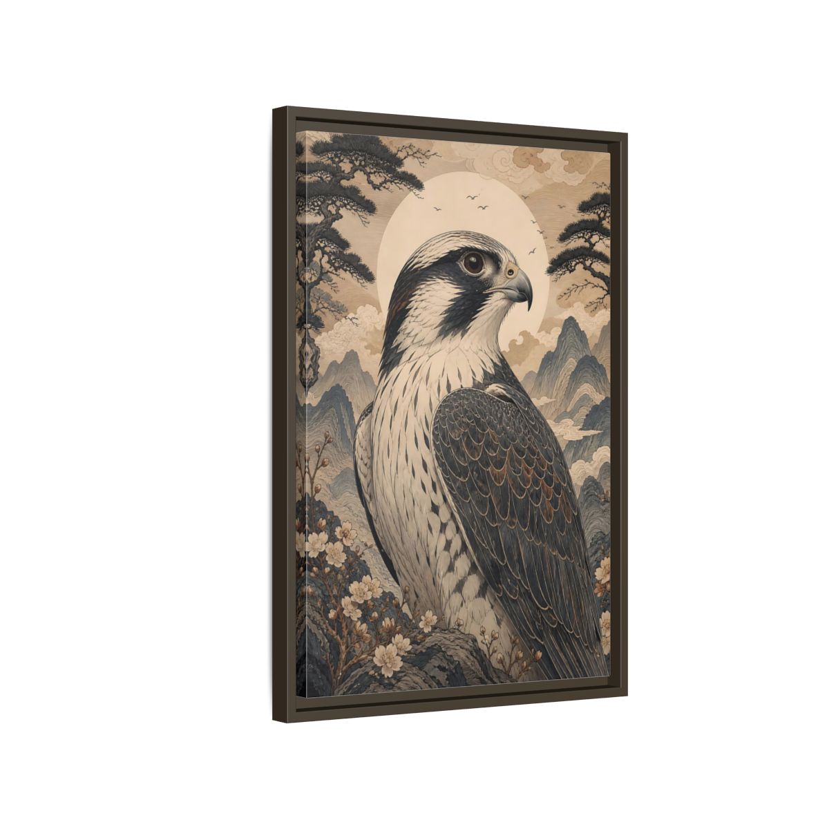 Side Mockup 2. Birds Falcon Ukiyo-E Falcon shown as stretched canvas wall art