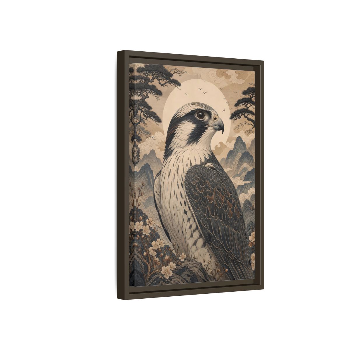 Side Mockup 5. Birds Falcon Ukiyo-E Falcon shown as stretched canvas wall art