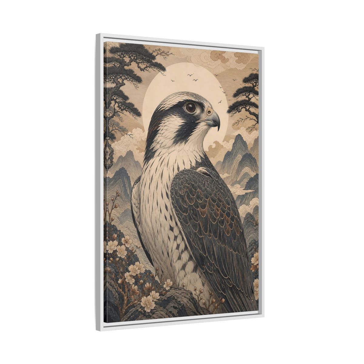 Side Mockup 9. Birds Falcon Ukiyo-E Falcon shown as stretched canvas wall art