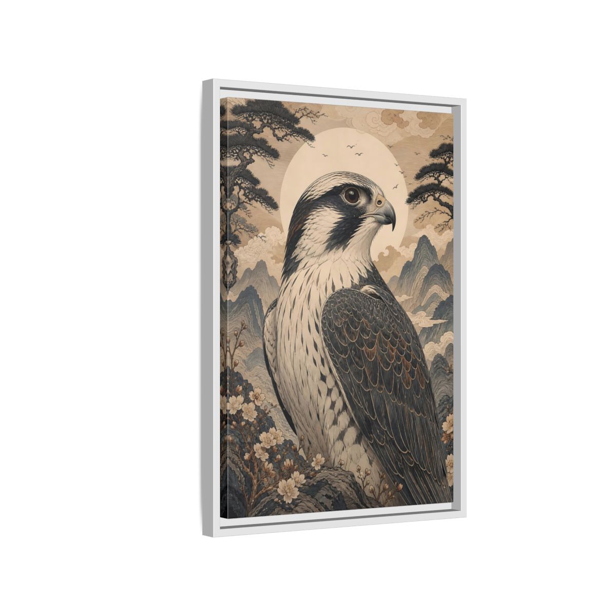 Side Mockup 1. Birds Falcon Ukiyo-E Falcon shown as stretched canvas wall art