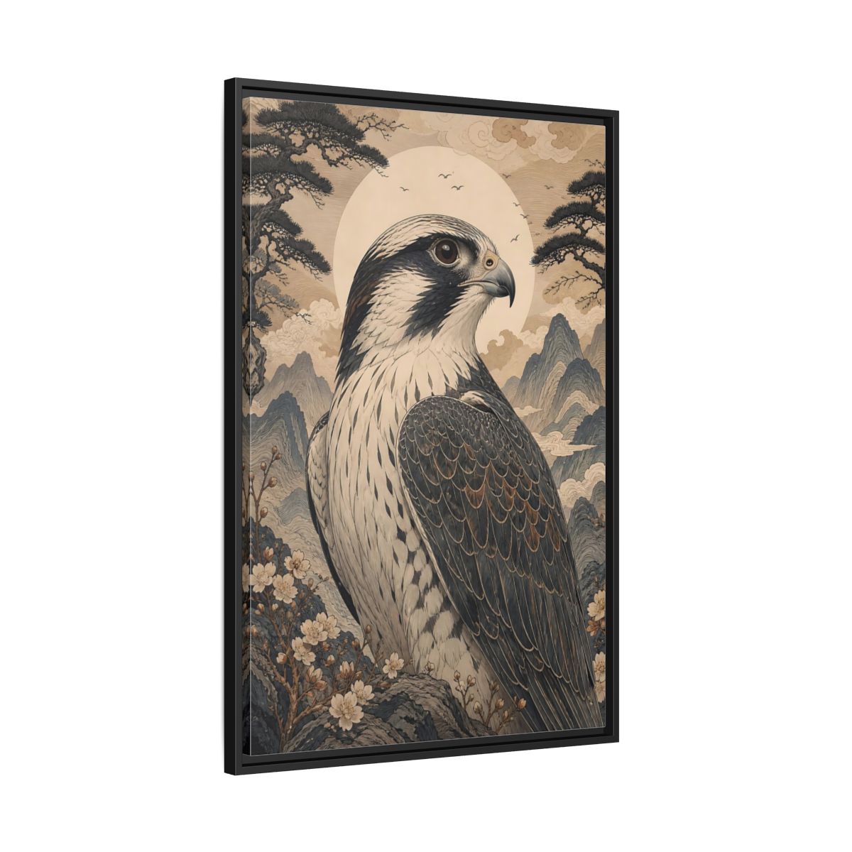 Side Mockup 13. Birds Falcon Ukiyo-E Falcon shown as stretched canvas wall art