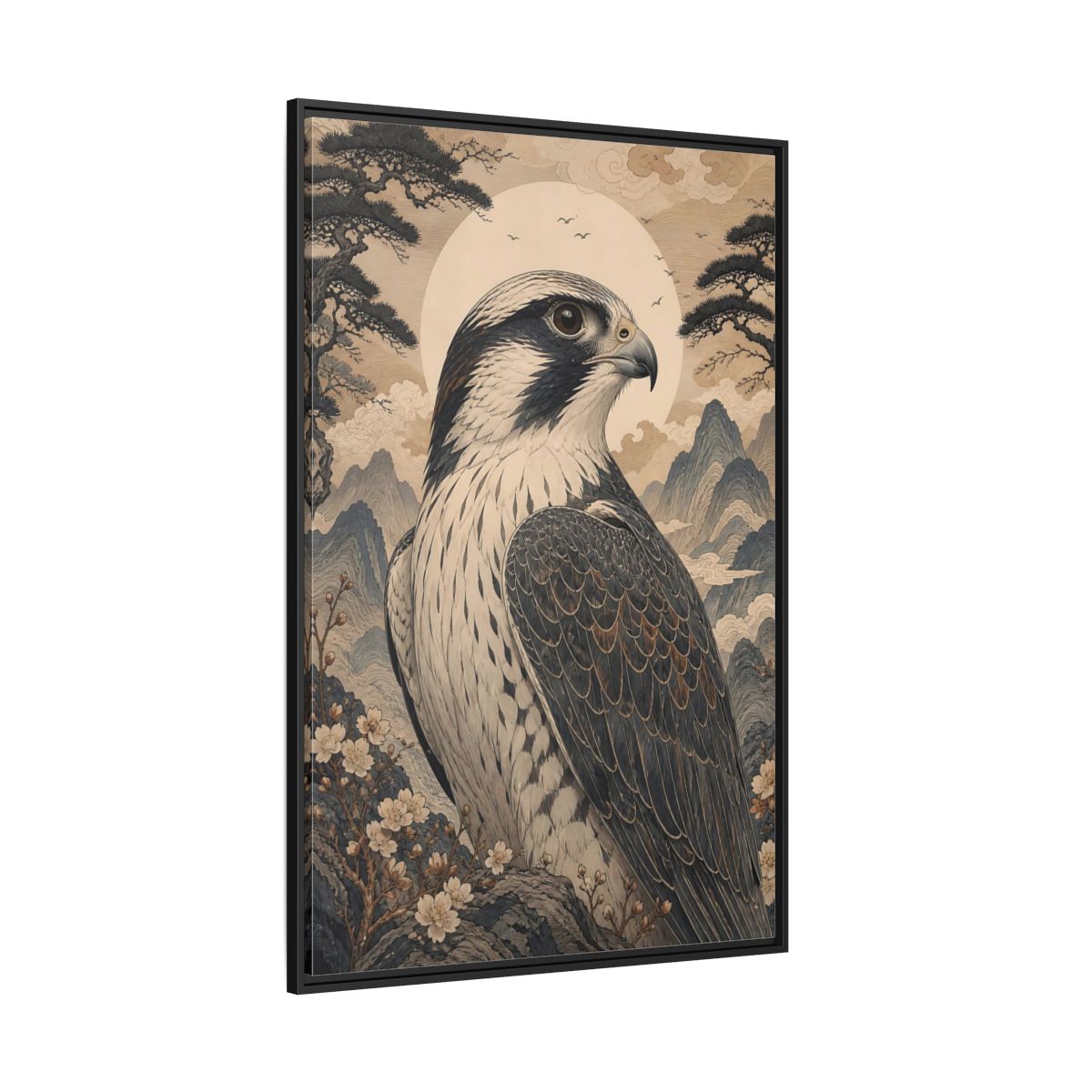Side Mockup 12. Birds Falcon Ukiyo-E Falcon shown as stretched canvas wall art