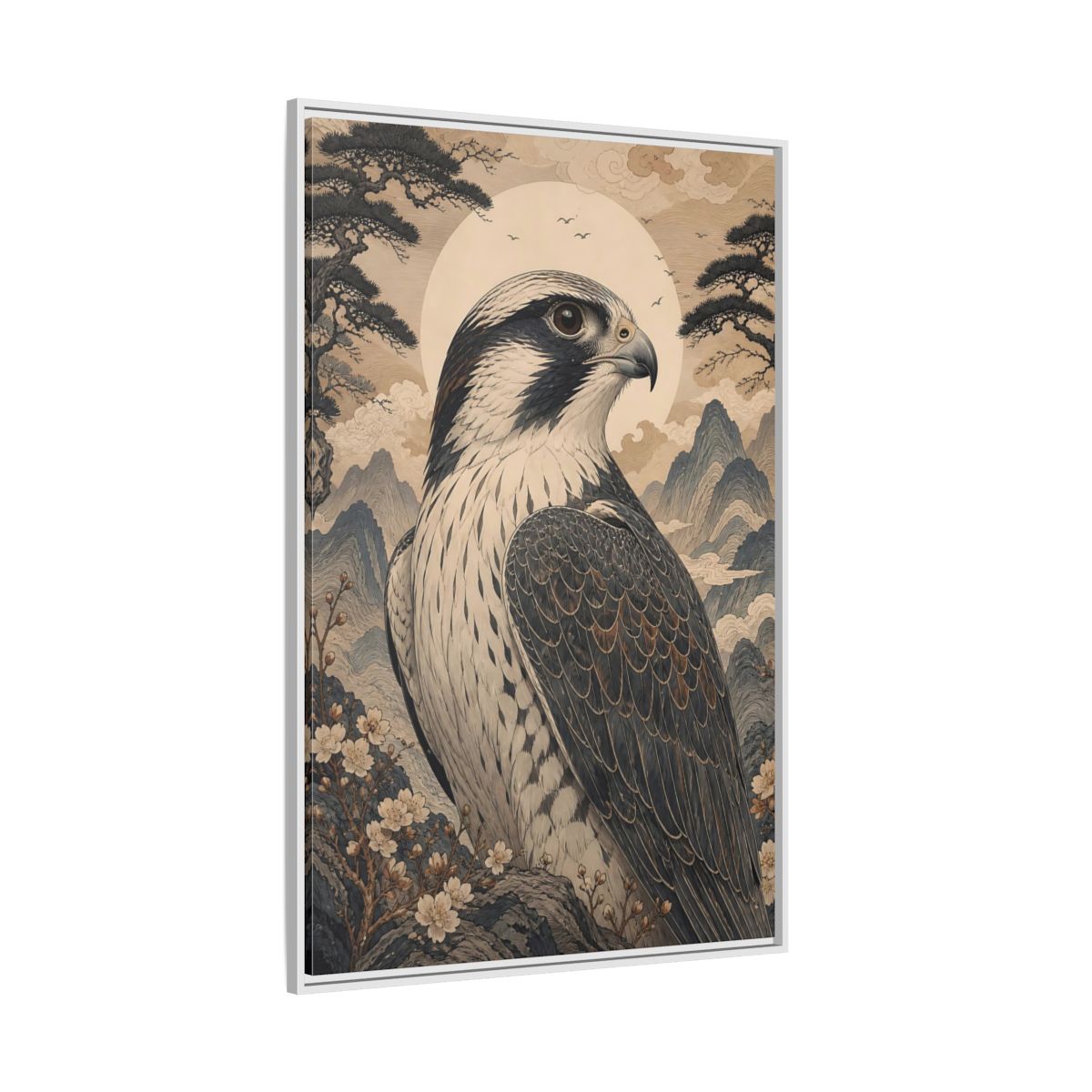 Side Mockup 7. Birds Falcon Ukiyo-E Falcon shown as stretched canvas wall art