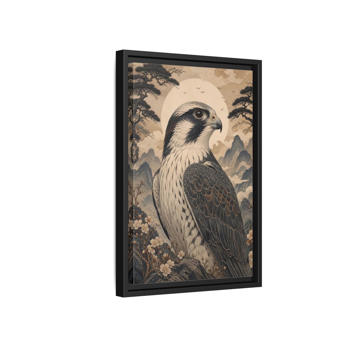 Side Mockup 6. Birds Falcon Ukiyo-E Falcon shown as stretched canvas wall art