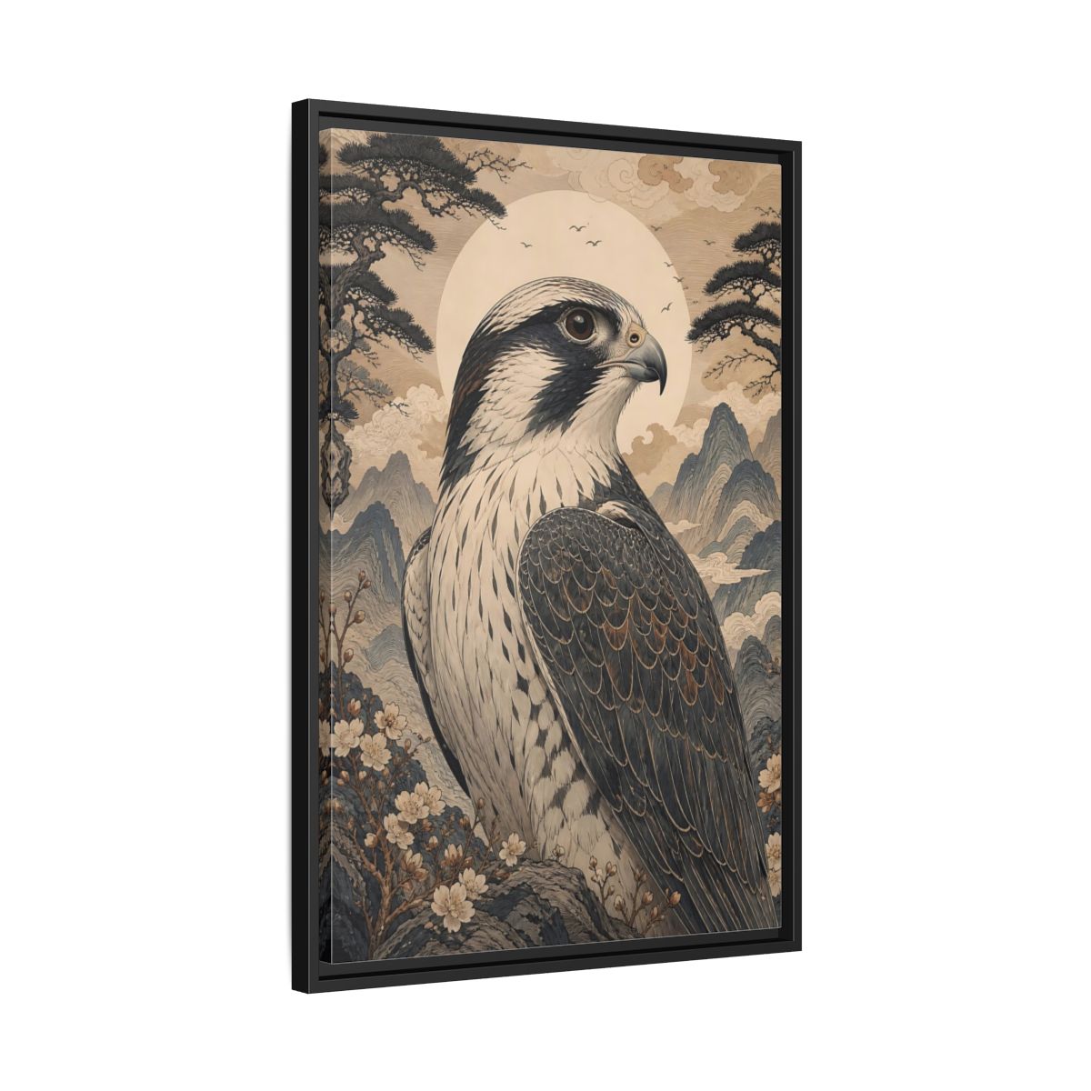 Side Mockup 14. Birds Falcon Ukiyo-E Falcon shown as stretched canvas wall art