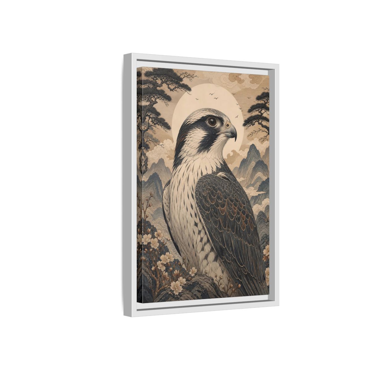 Side Mockup 4. Birds Falcon Ukiyo-E Falcon shown as stretched canvas wall art