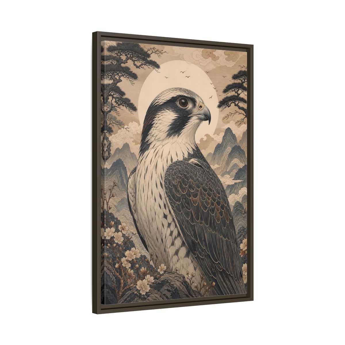 Side Mockup 11. Birds Falcon Ukiyo-E Falcon shown as stretched canvas wall art