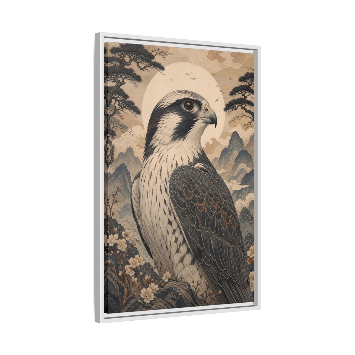 Side Mockup 10. Birds Falcon Ukiyo-E Falcon shown as stretched canvas wall art