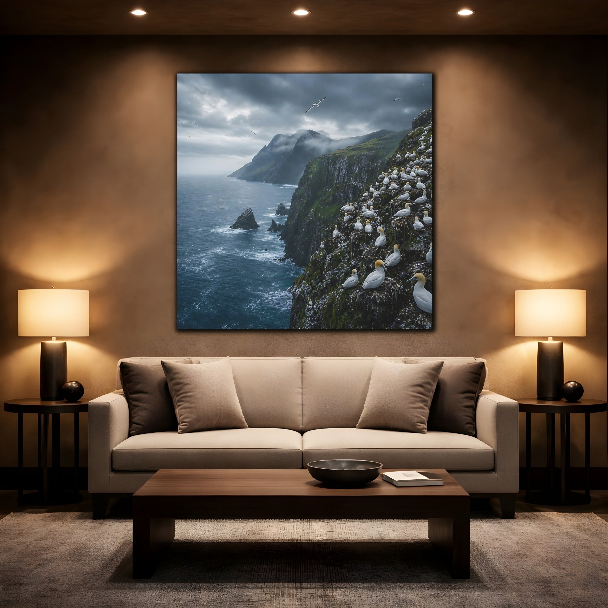 Mockup 2. Birds Gannet Colony Stormy Seascape shown as stretched canvas wall art