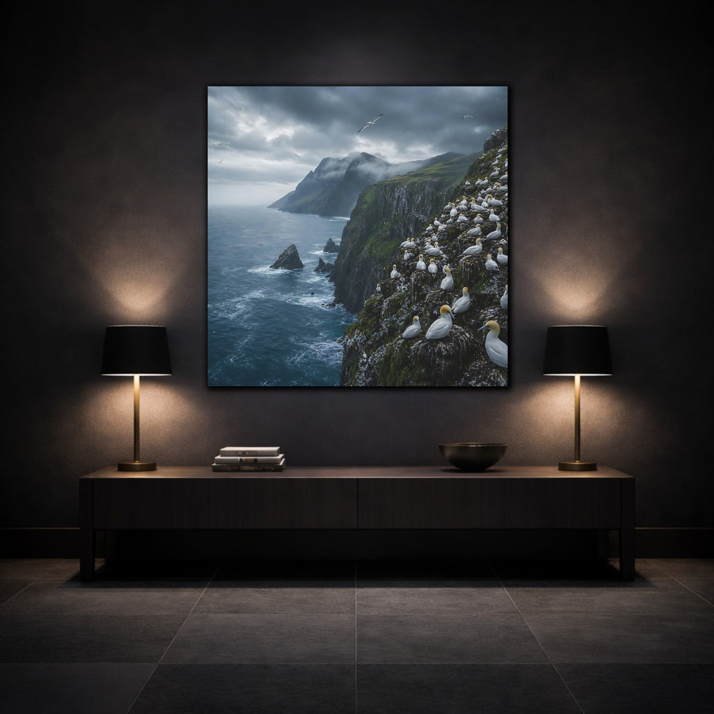 Mockup 3. Birds Gannet Colony Stormy Seascape shown as stretched canvas wall art