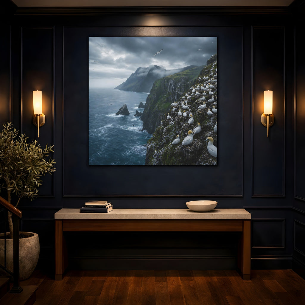 Mockup 4. Birds Gannet Colony Stormy Seascape shown as stretched canvas wall art