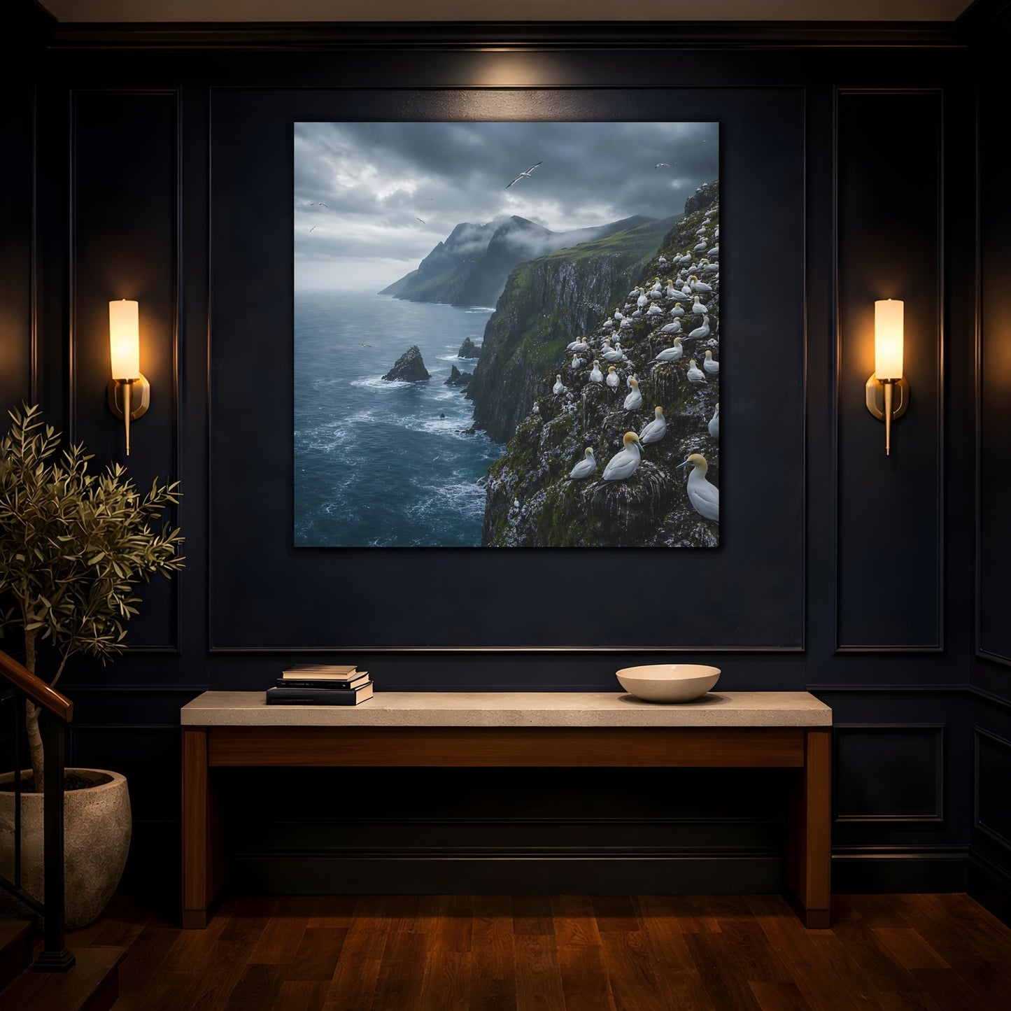 Mockup 4. Birds Gannet Colony Stormy Seascape shown as stretched canvas wall art