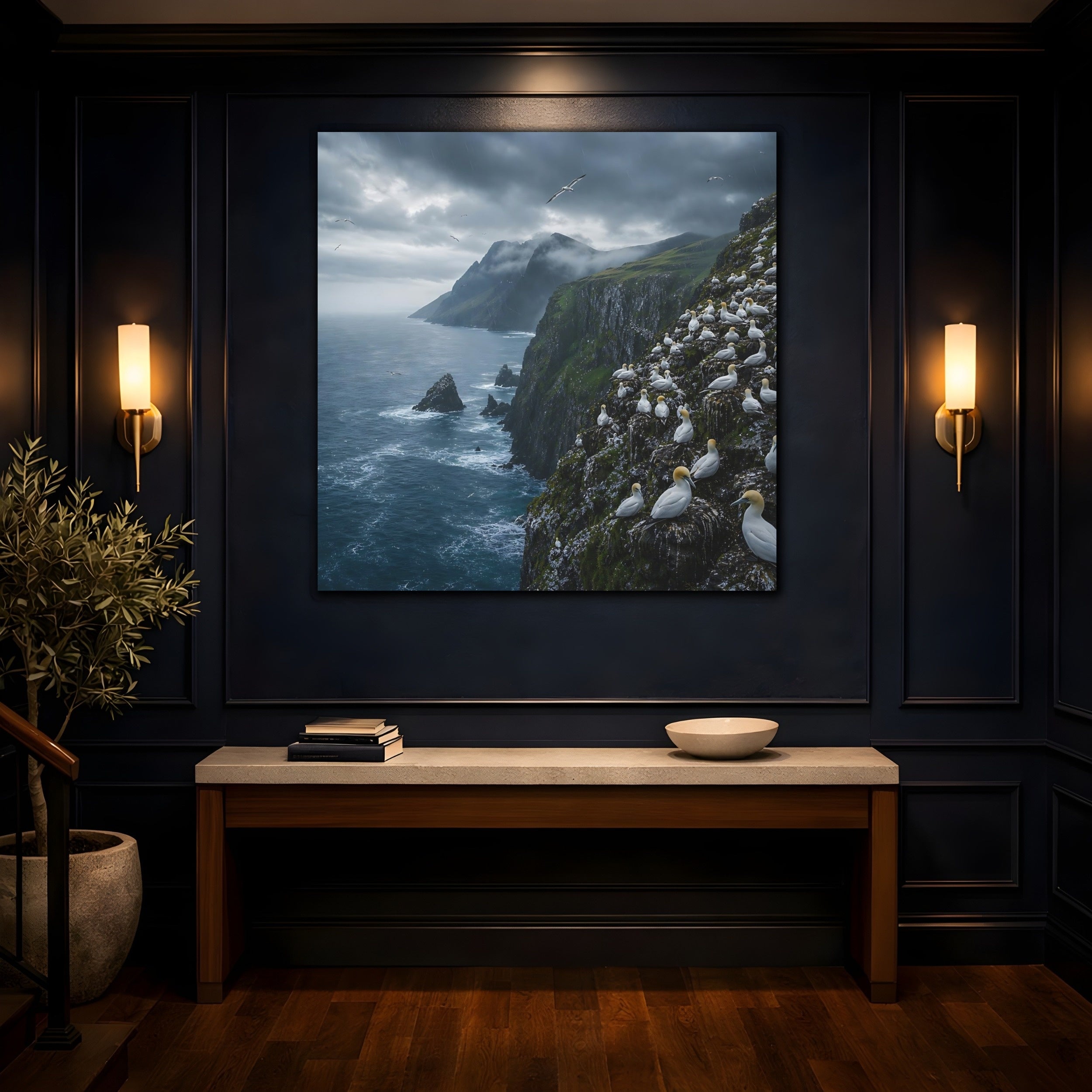Mockup 4. Birds Gannet Colony Stormy Seascape shown as stretched canvas wall art