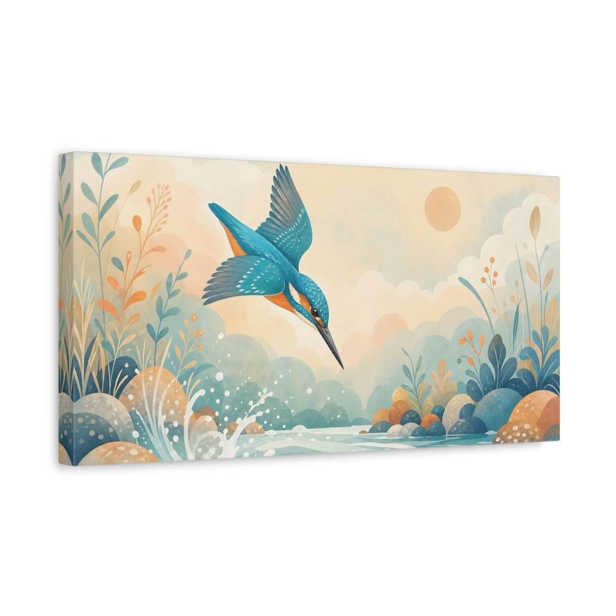 Side Mockup 3. Birds Kingfisher Kingfisher Blue shown as stretched canvas wall art