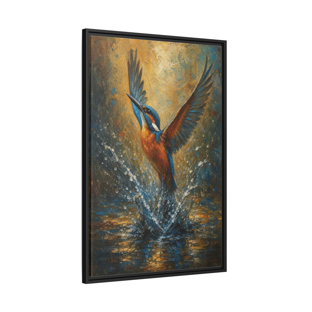 Side Mockup 13. Birds Kingfisher Blue Kingfisher shown as stretched canvas wall art