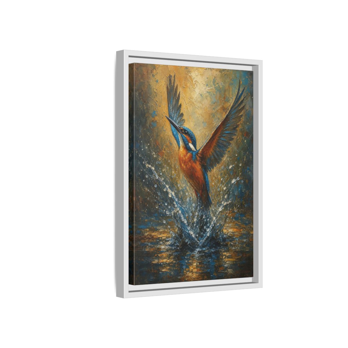Side Mockup 4. Birds Kingfisher Blue Kingfisher shown as stretched canvas wall art