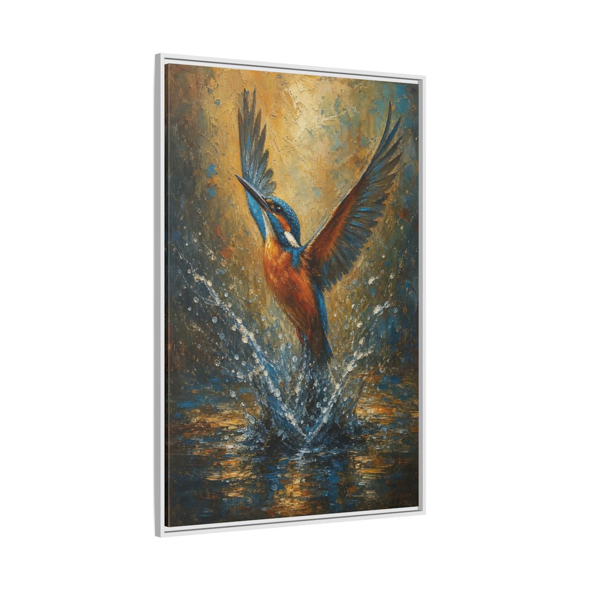 Side Mockup 7. Birds Kingfisher Blue Kingfisher shown as stretched canvas wall art