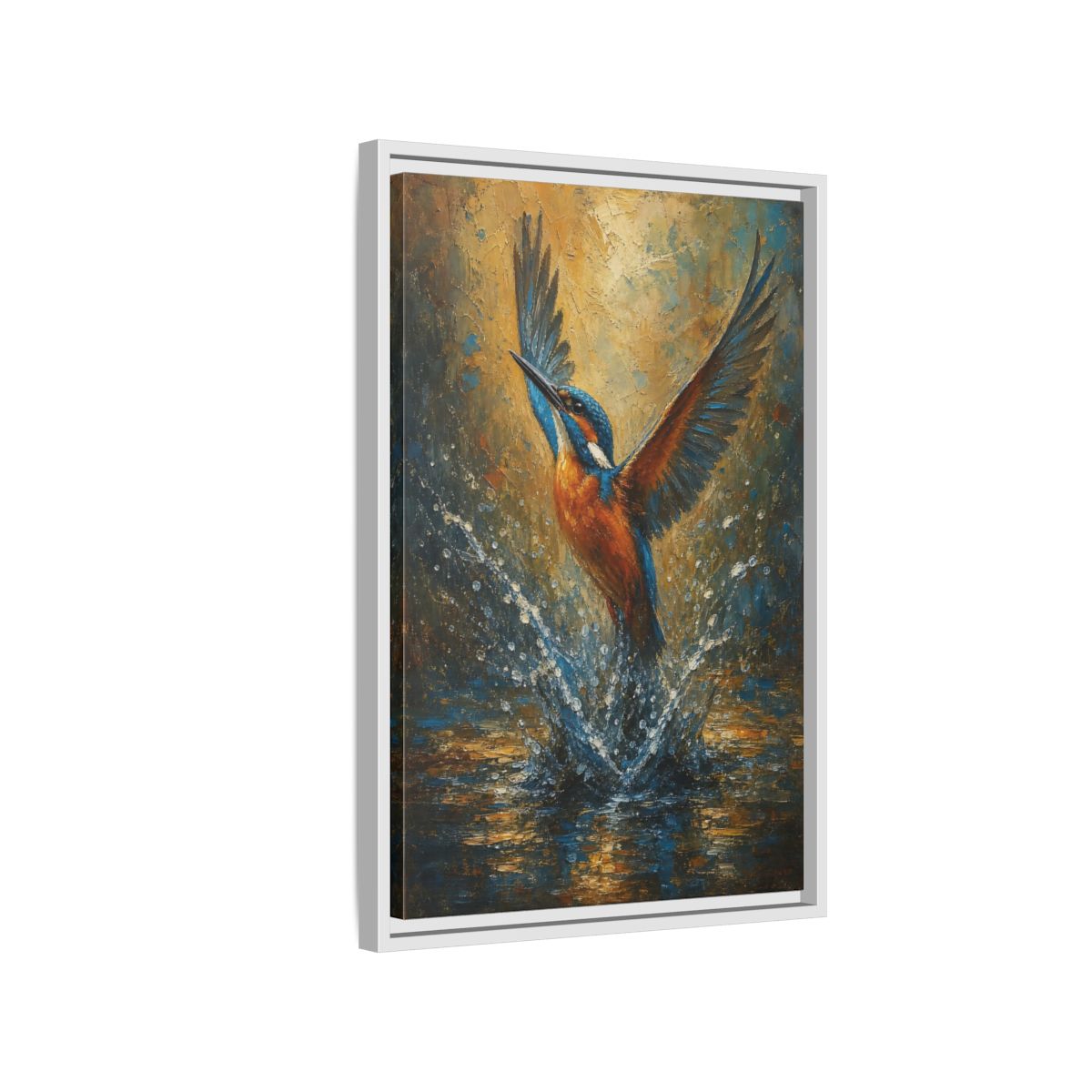 Side Mockup 1. Birds Kingfisher Blue Kingfisher shown as stretched canvas wall art