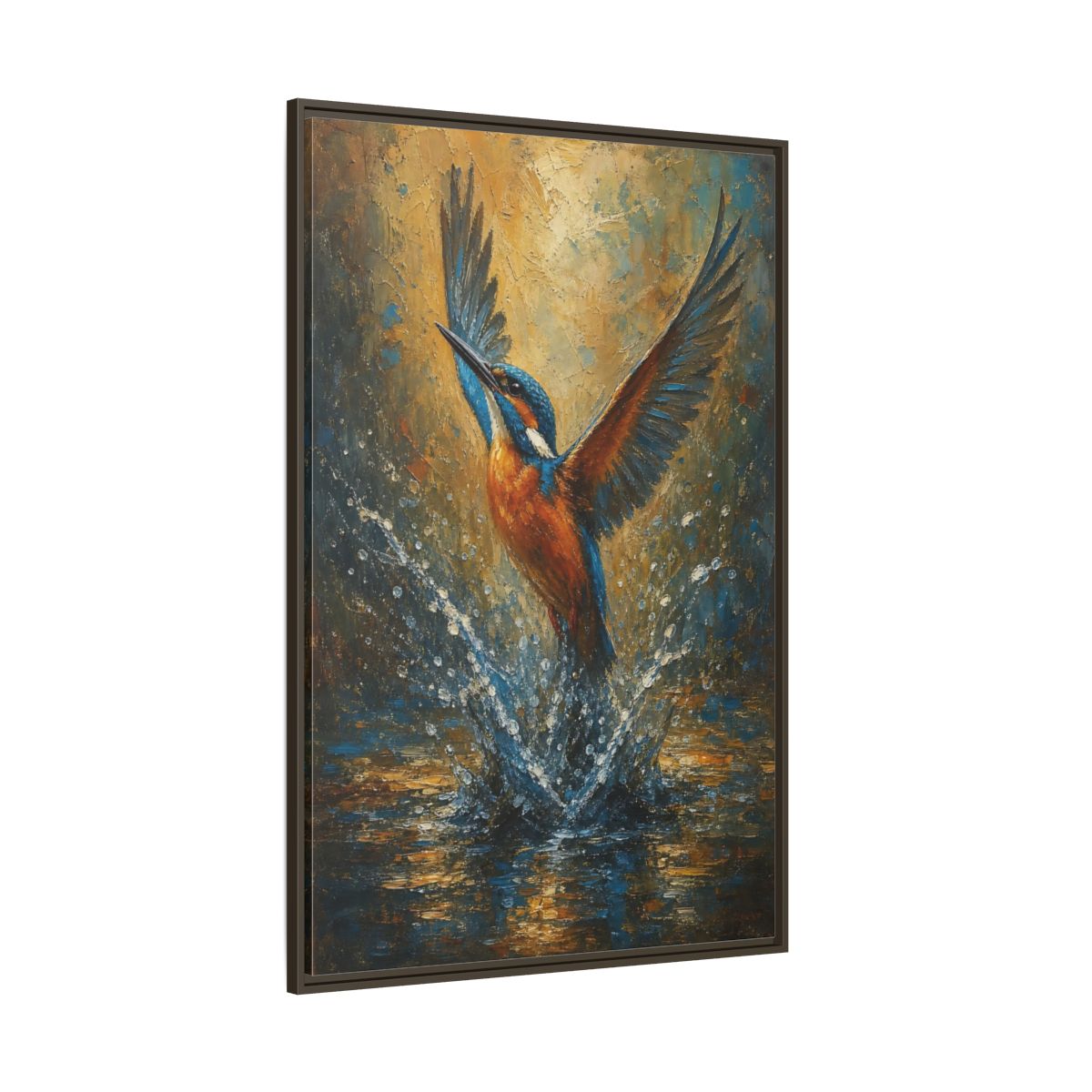 Side Mockup 8. Birds Kingfisher Blue Kingfisher shown as stretched canvas wall art