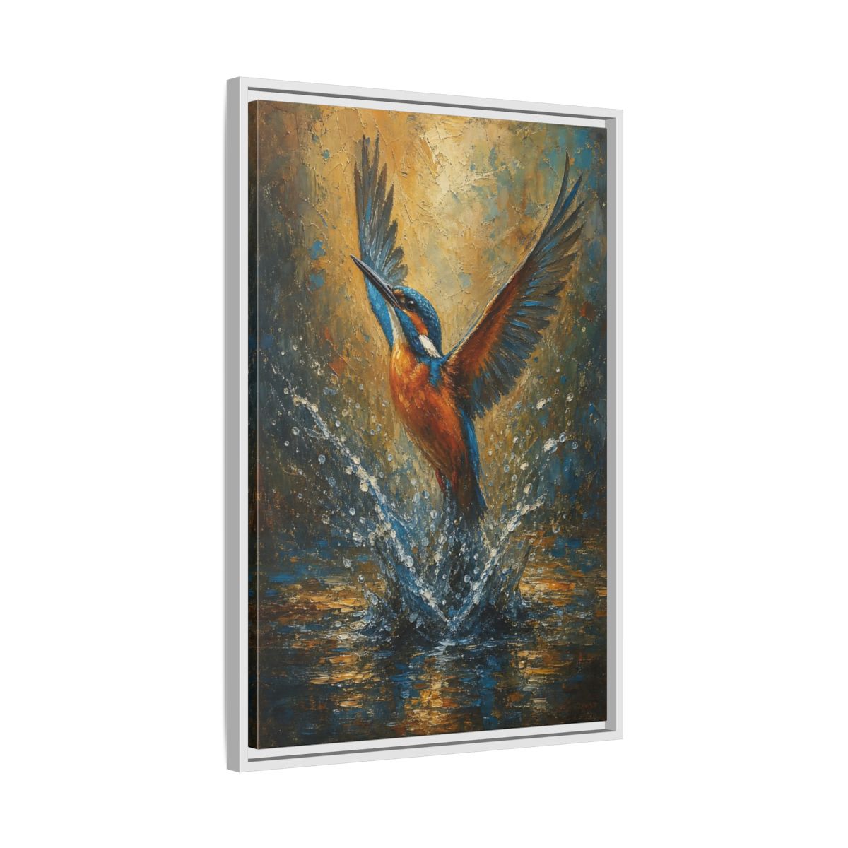 Side Mockup 10. Birds Kingfisher Blue Kingfisher shown as stretched canvas wall art