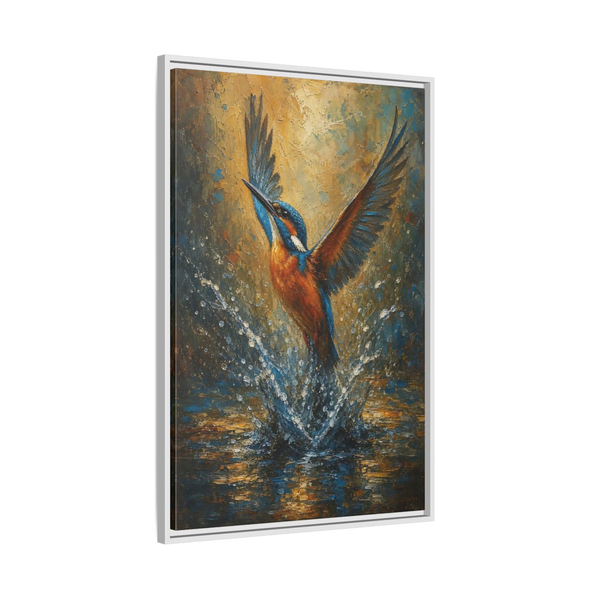 Side Mockup 9. Birds Kingfisher Blue Kingfisher shown as stretched canvas wall art