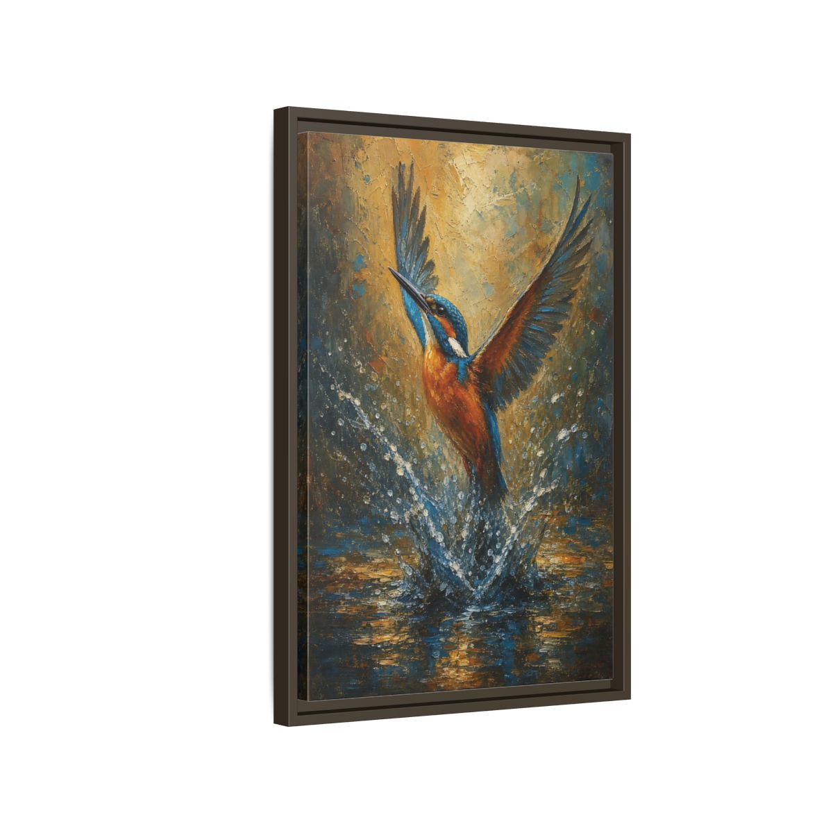Side Mockup 2. Birds Kingfisher Blue Kingfisher shown as stretched canvas wall art