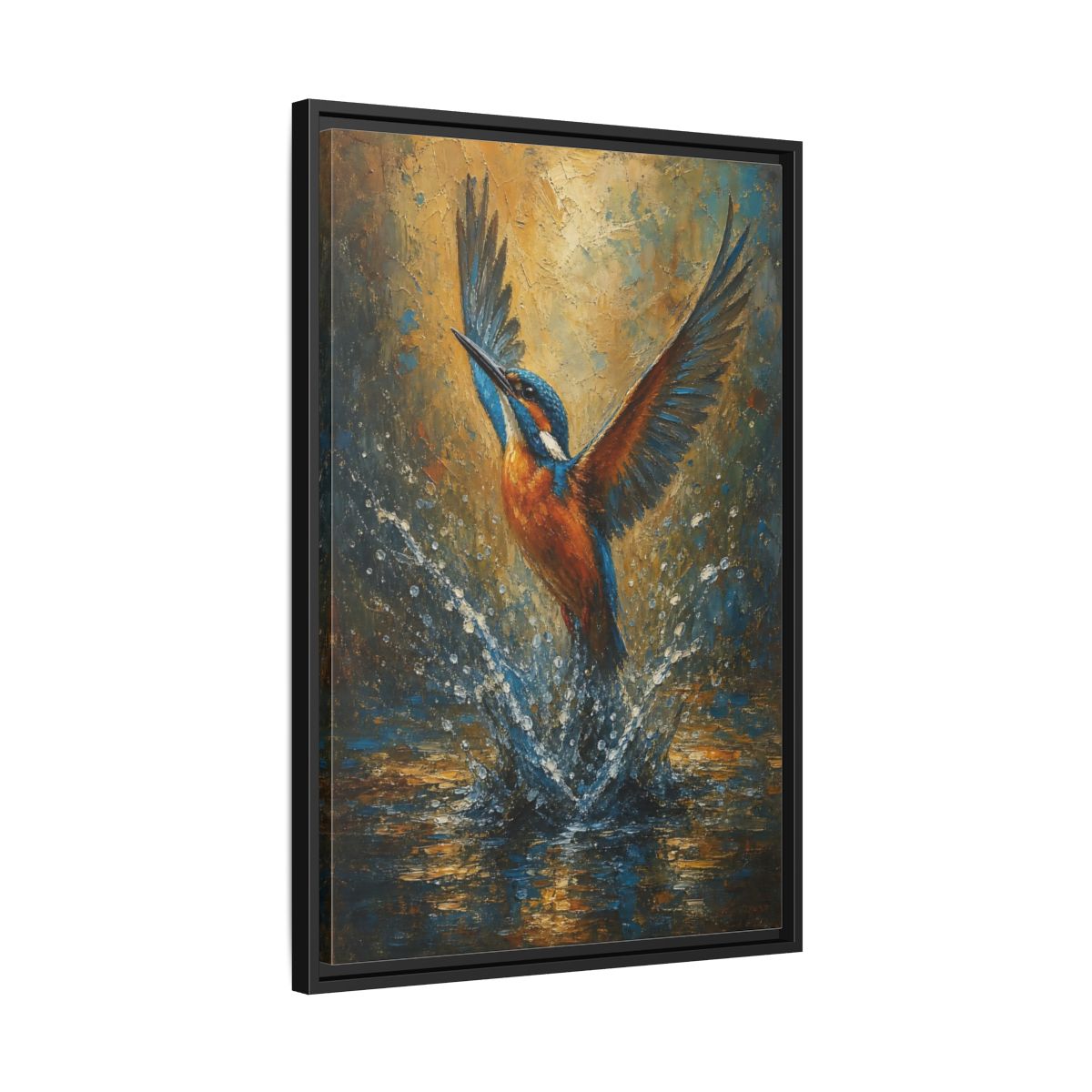 Side Mockup 14. Birds Kingfisher Blue Kingfisher shown as stretched canvas wall art