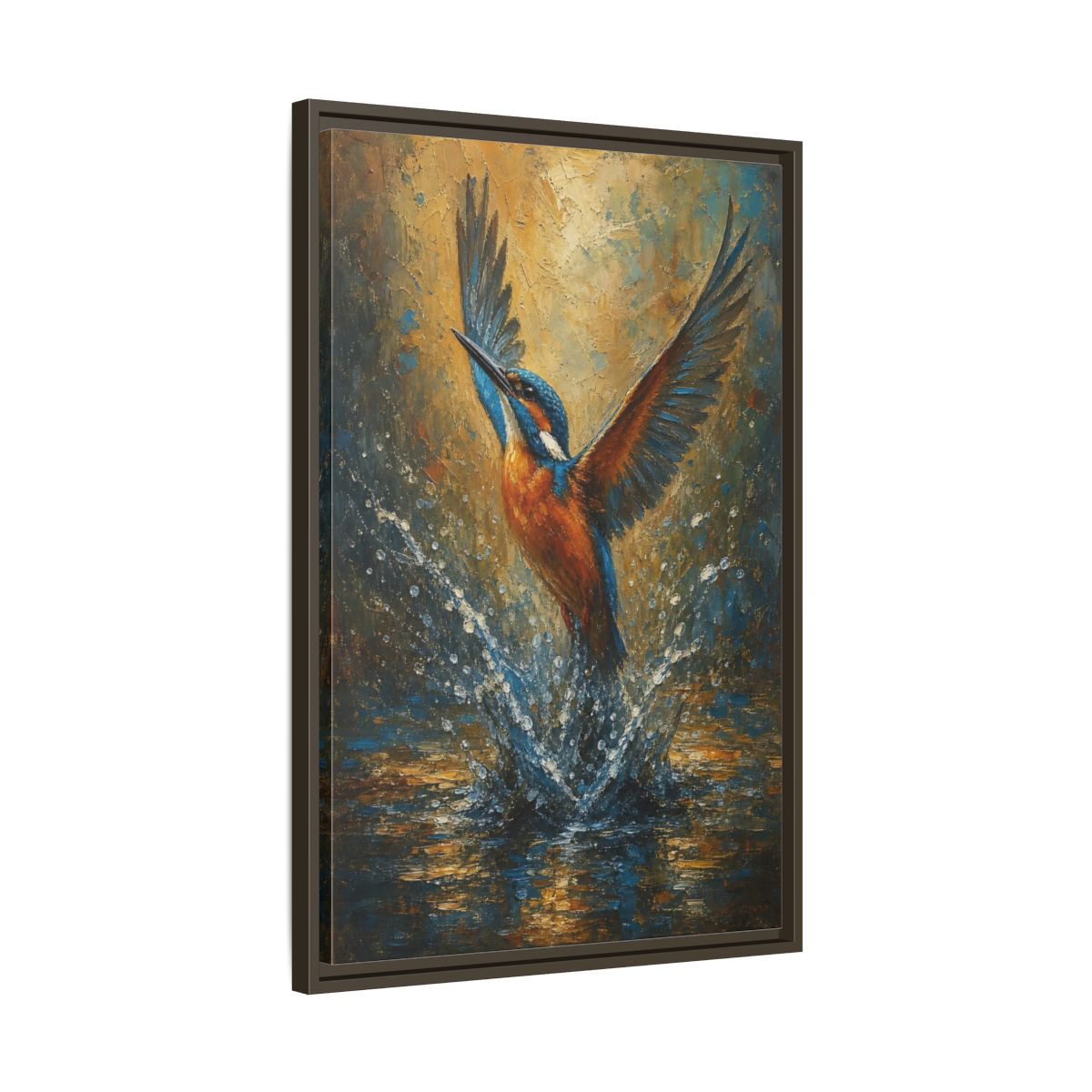 Side Mockup 11. Birds Kingfisher Blue Kingfisher shown as stretched canvas wall art