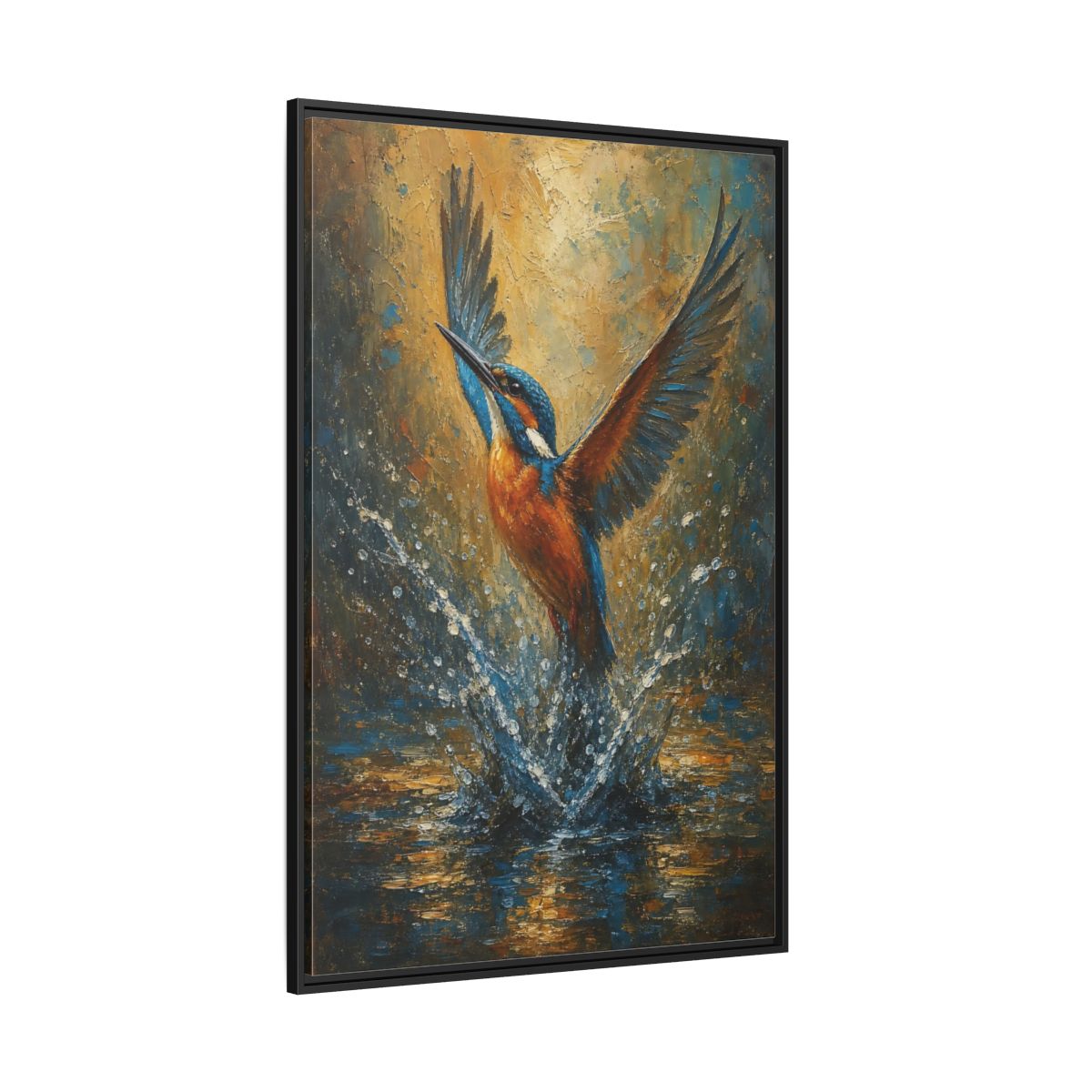 Side Mockup 12. Birds Kingfisher Blue Kingfisher shown as stretched canvas wall art