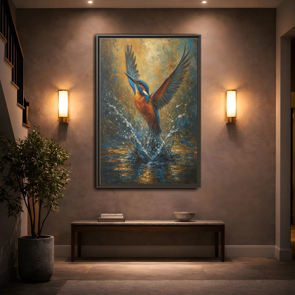 Mockup 2. Birds Kingfisher Blue Kingfisher shown as stretched canvas wall art