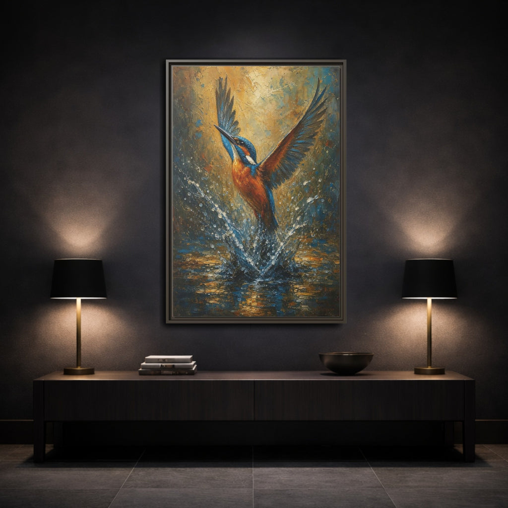 Mockup 3. Birds Kingfisher Blue Kingfisher shown as stretched canvas wall art