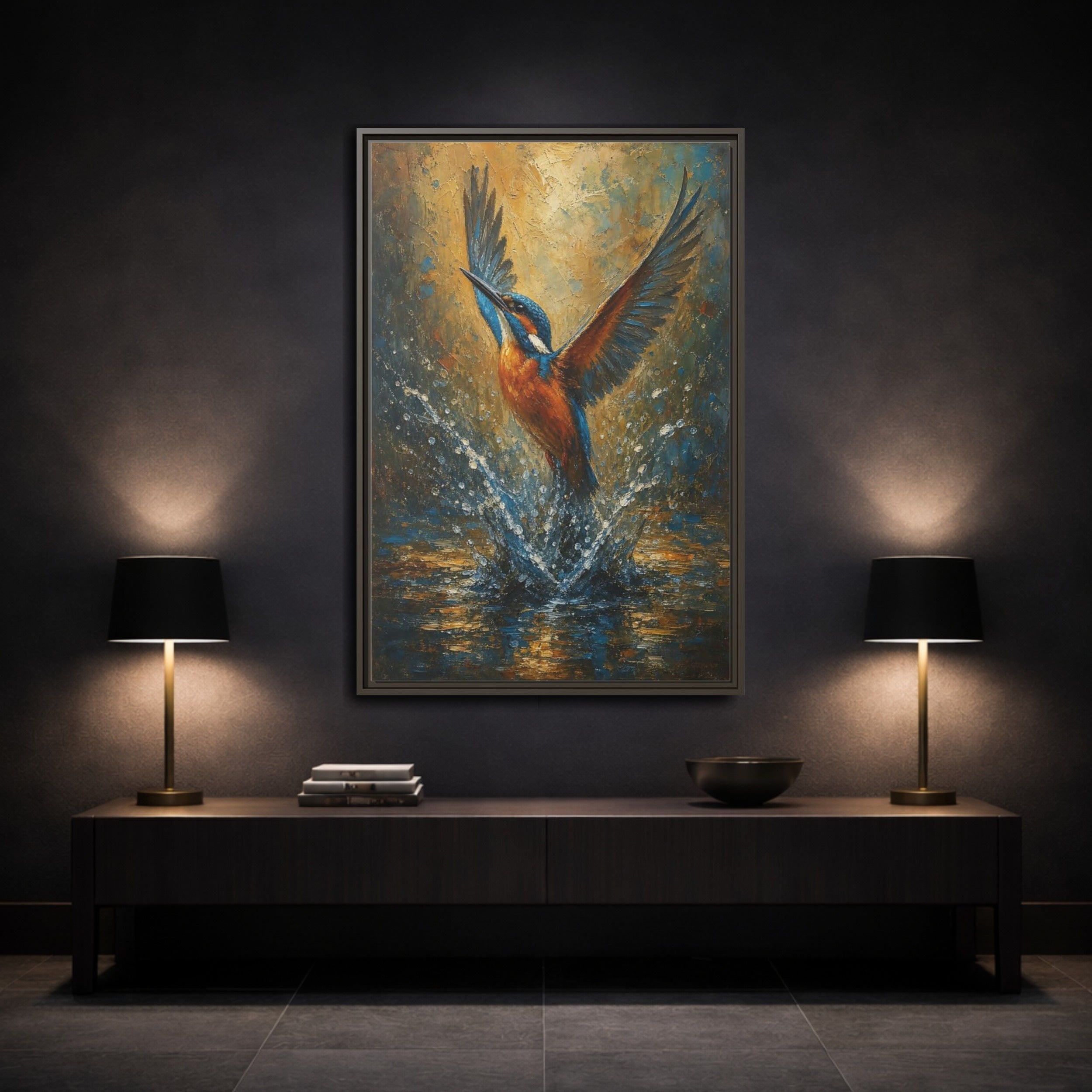 Mockup 3. Birds Kingfisher Blue Kingfisher shown as stretched canvas wall art