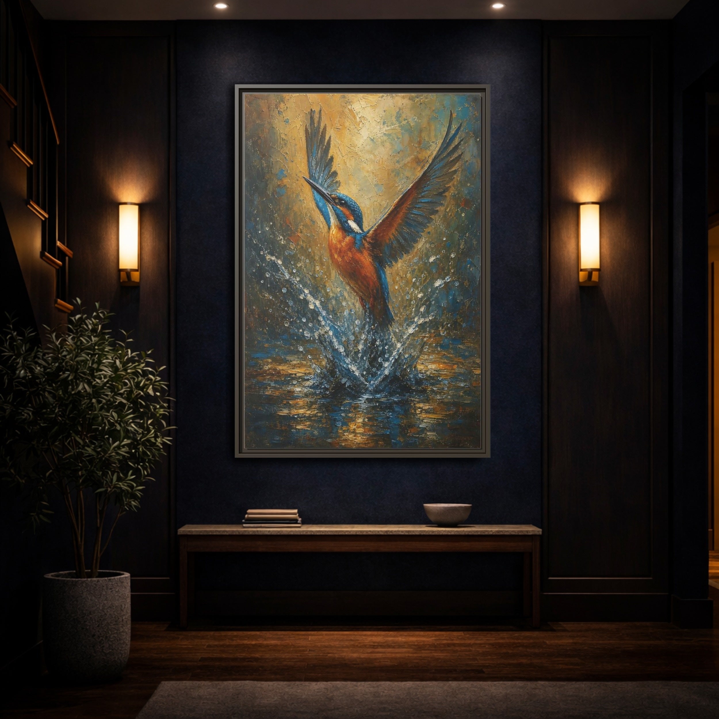 Mockup 4. Birds Kingfisher Blue Kingfisher shown as stretched canvas wall art