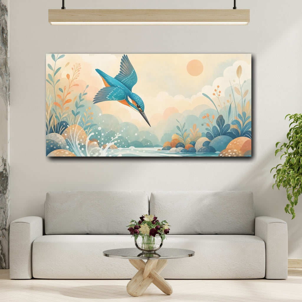 Mockup 2. Birds Kingfisher Kingfisher Blue shown as stretched canvas wall art