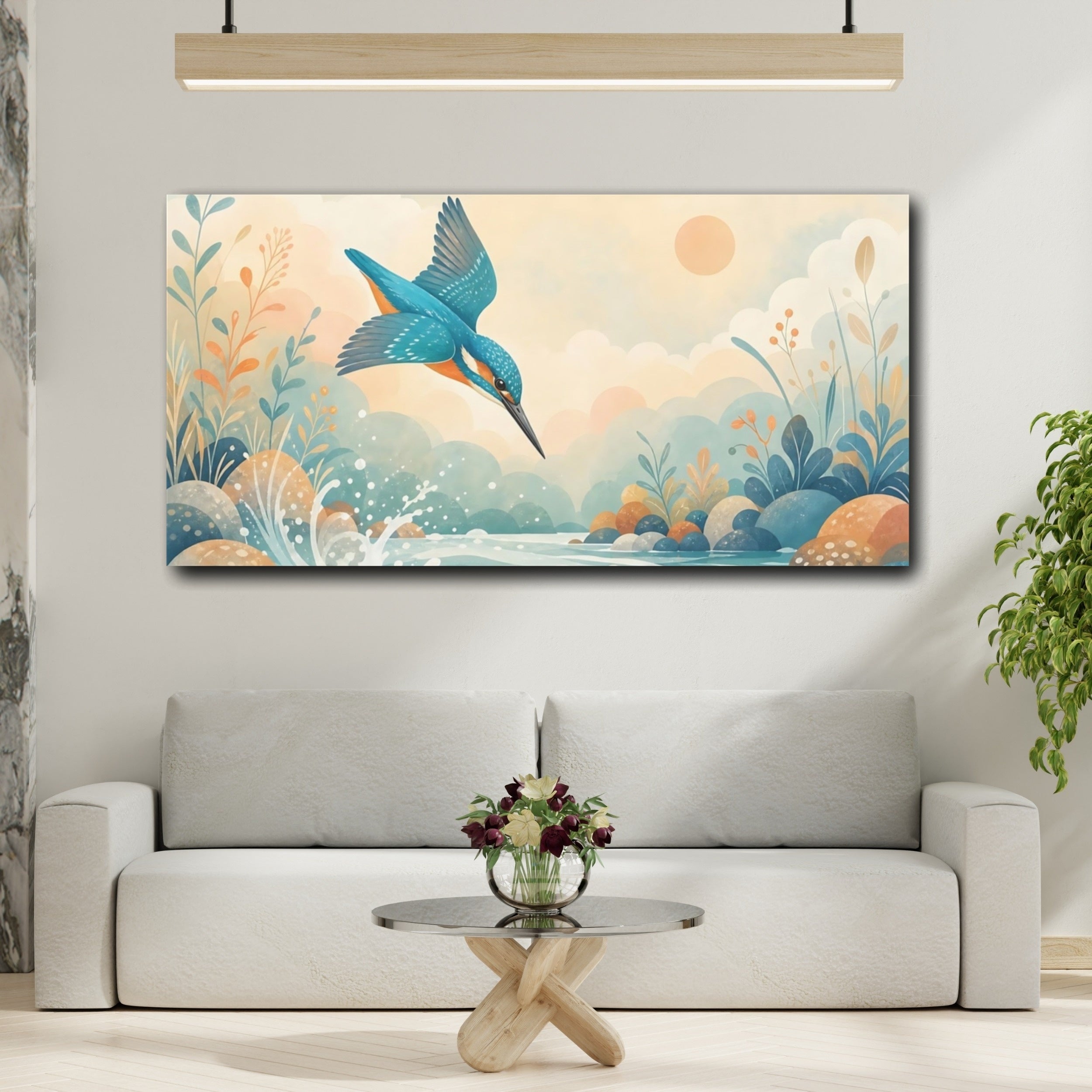 Mockup 2. Birds Kingfisher Kingfisher Blue shown as stretched canvas wall art