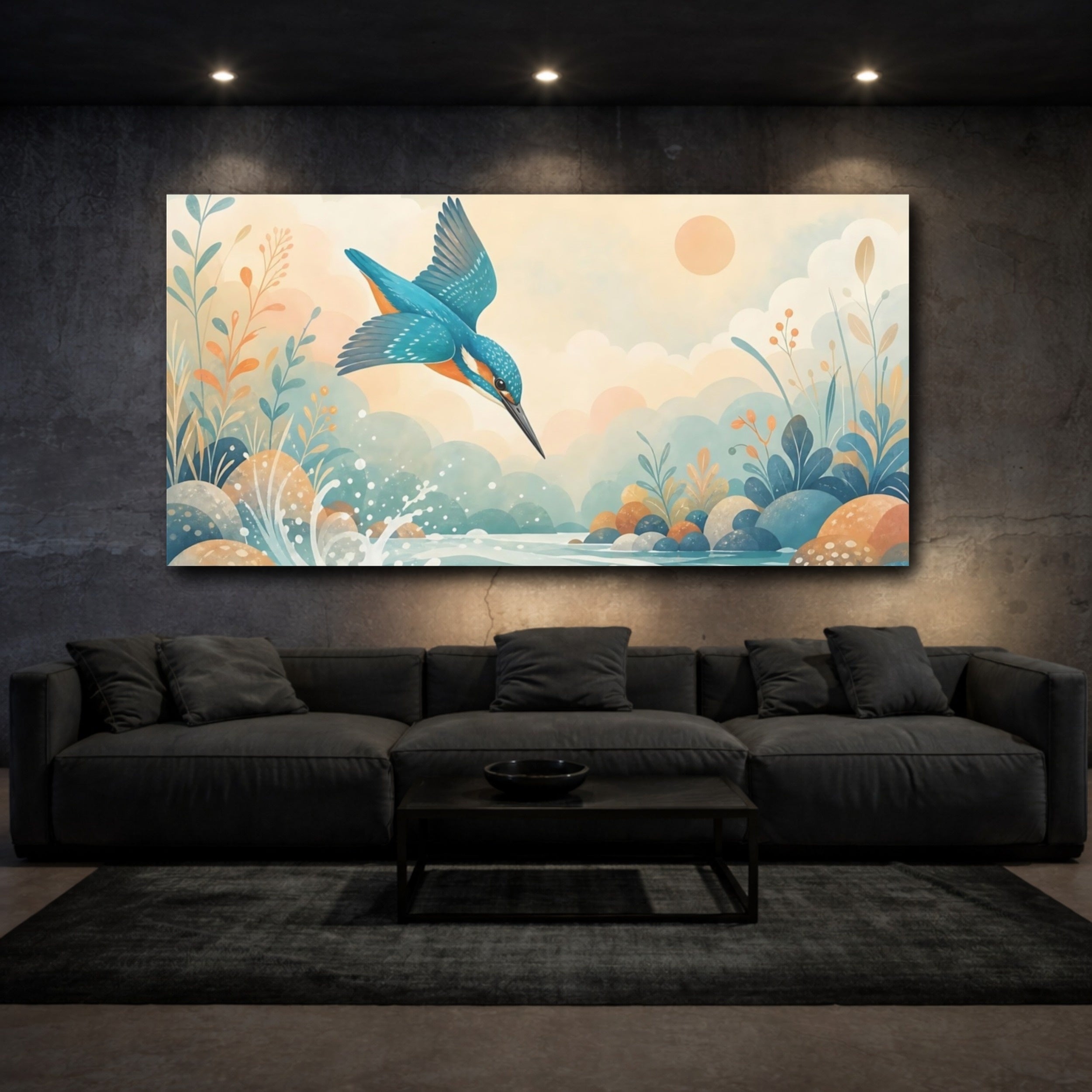 Mockup 3. Birds Kingfisher Kingfisher Blue shown as stretched canvas wall art
