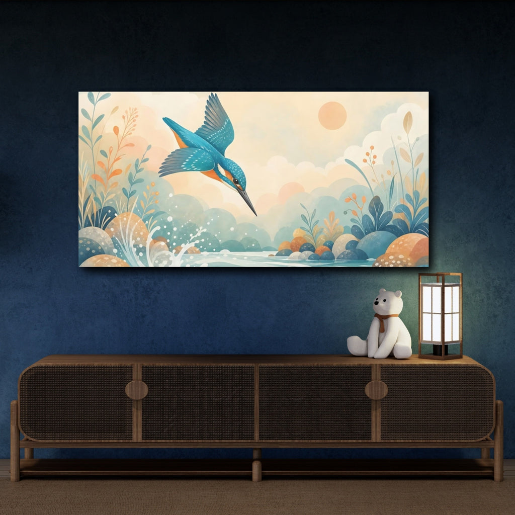 Mockup 4. Birds Kingfisher Kingfisher Blue shown as stretched canvas wall art