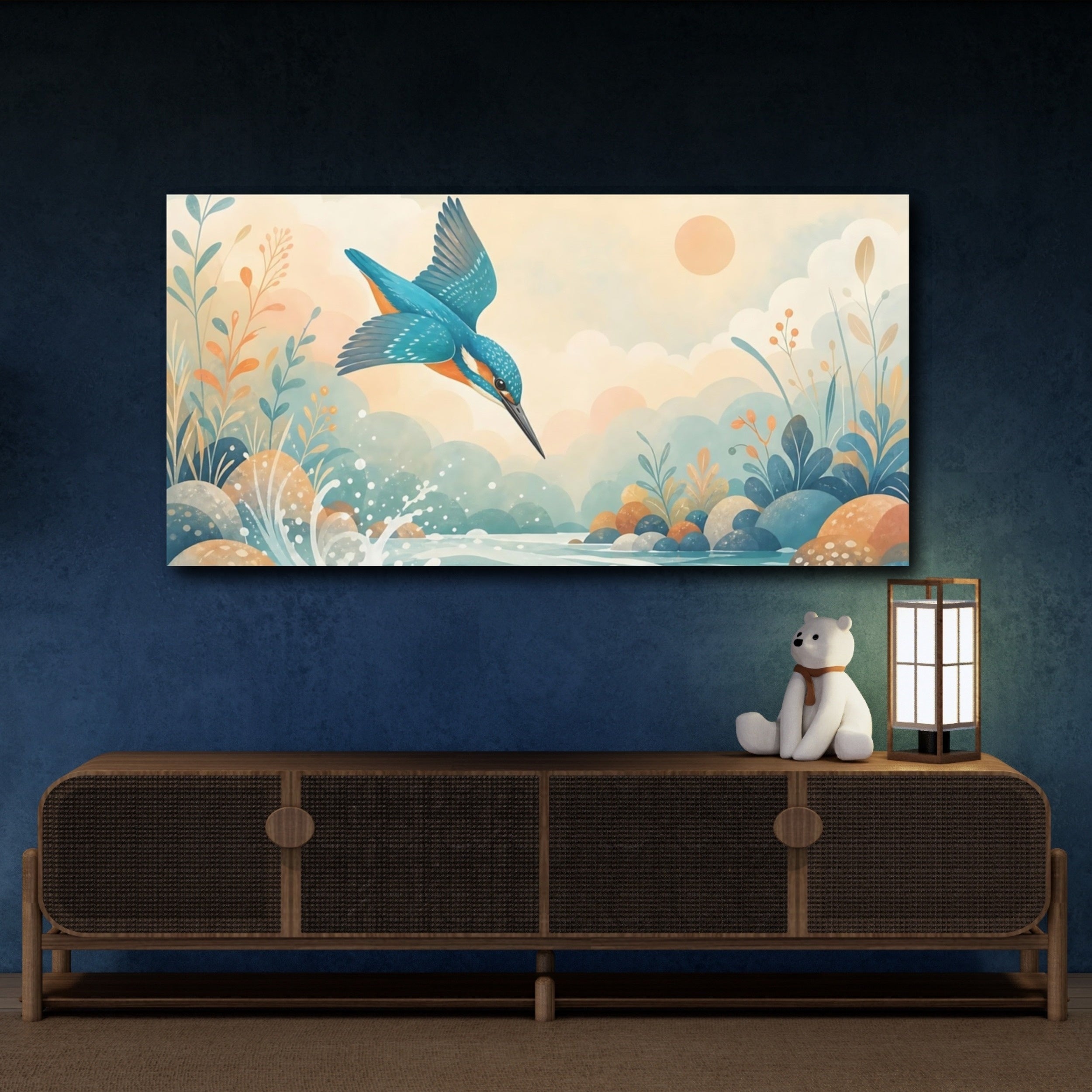 Mockup 4. Birds Kingfisher Kingfisher Blue shown as stretched canvas wall art