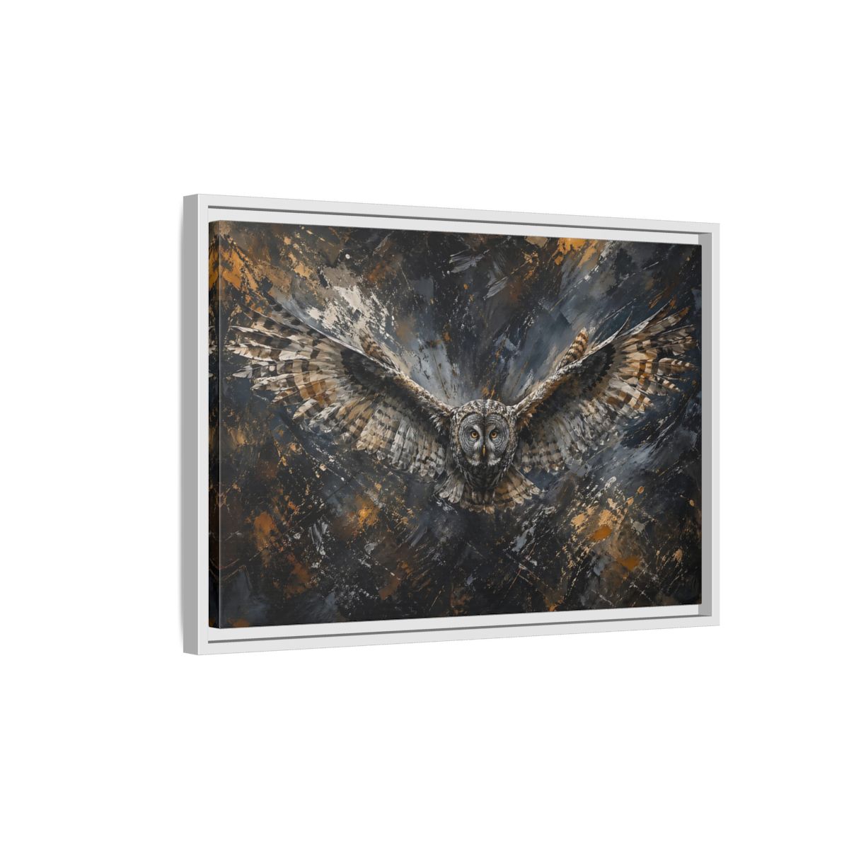 Side Mockup 1. Birds Owl Dark Gold Owl shown as stretched canvas wall art