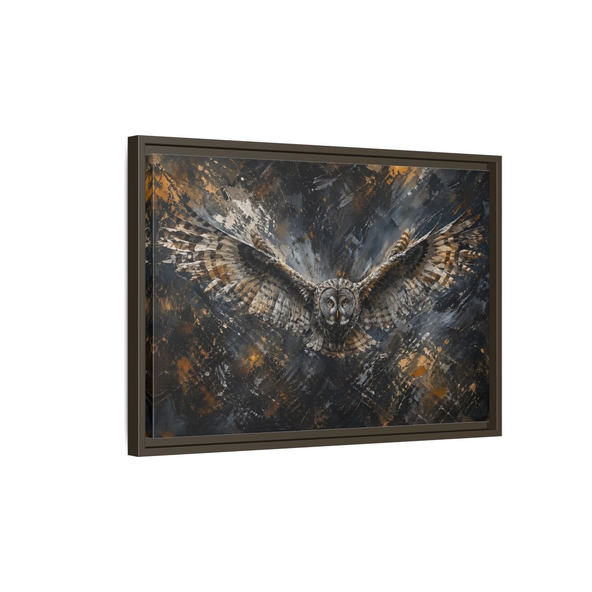 Side Mockup 2. Birds Owl Dark Gold Owl shown as stretched canvas wall art
