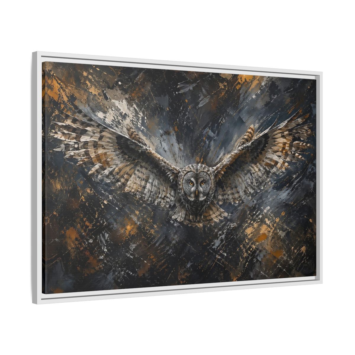 Side Mockup 9. Birds Owl Dark Gold Owl shown as stretched canvas wall art
