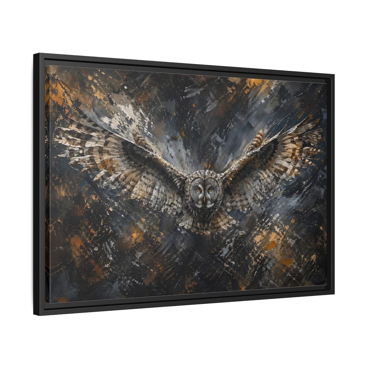 Side Mockup 14. Birds Owl Dark Gold Owl shown as stretched canvas wall art