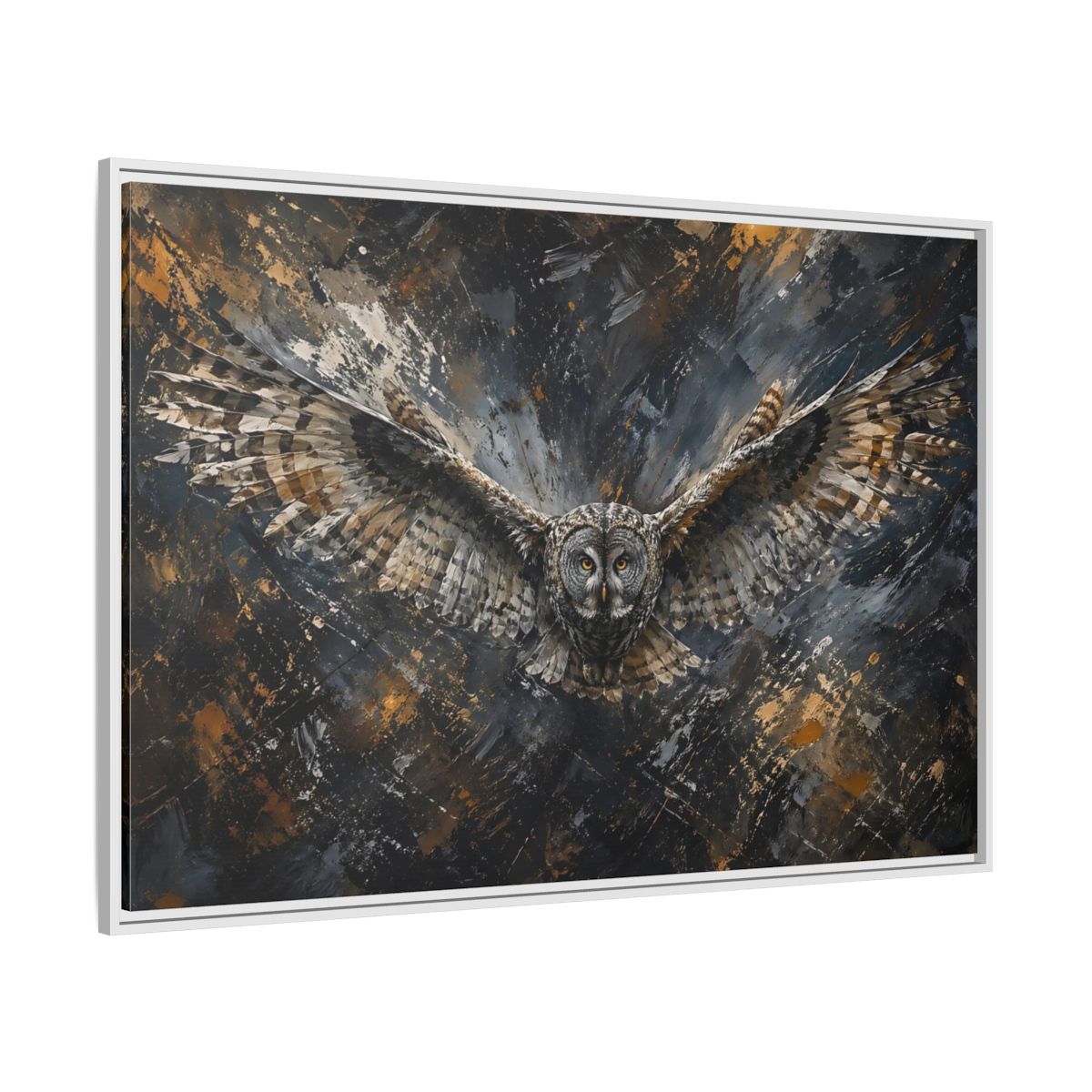 Side Mockup 7. Birds Owl Dark Gold Owl shown as stretched canvas wall art