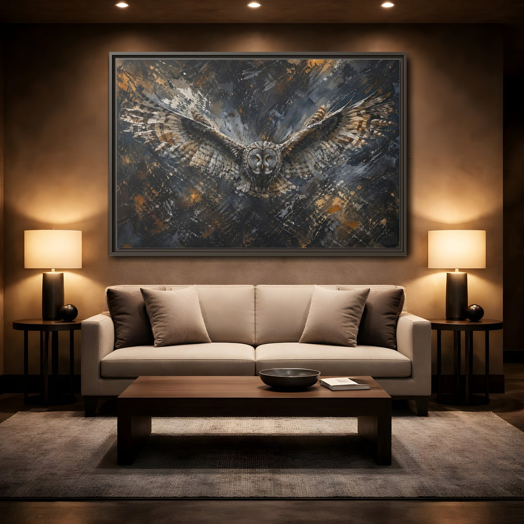 Mockup 2. Birds Owl Dark Gold Owl shown as stretched canvas wall art