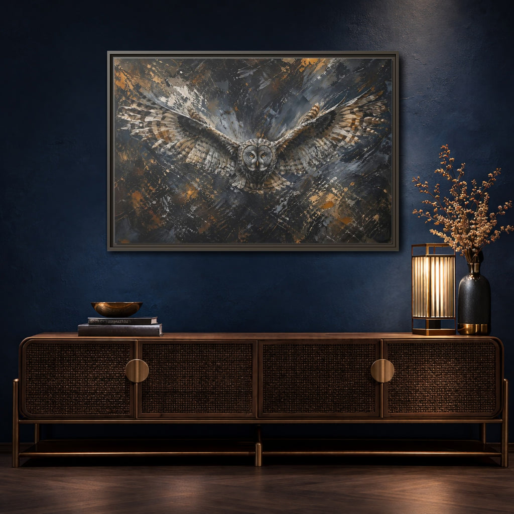 Mockup 4. Birds Owl Dark Gold Owl shown as stretched canvas wall art