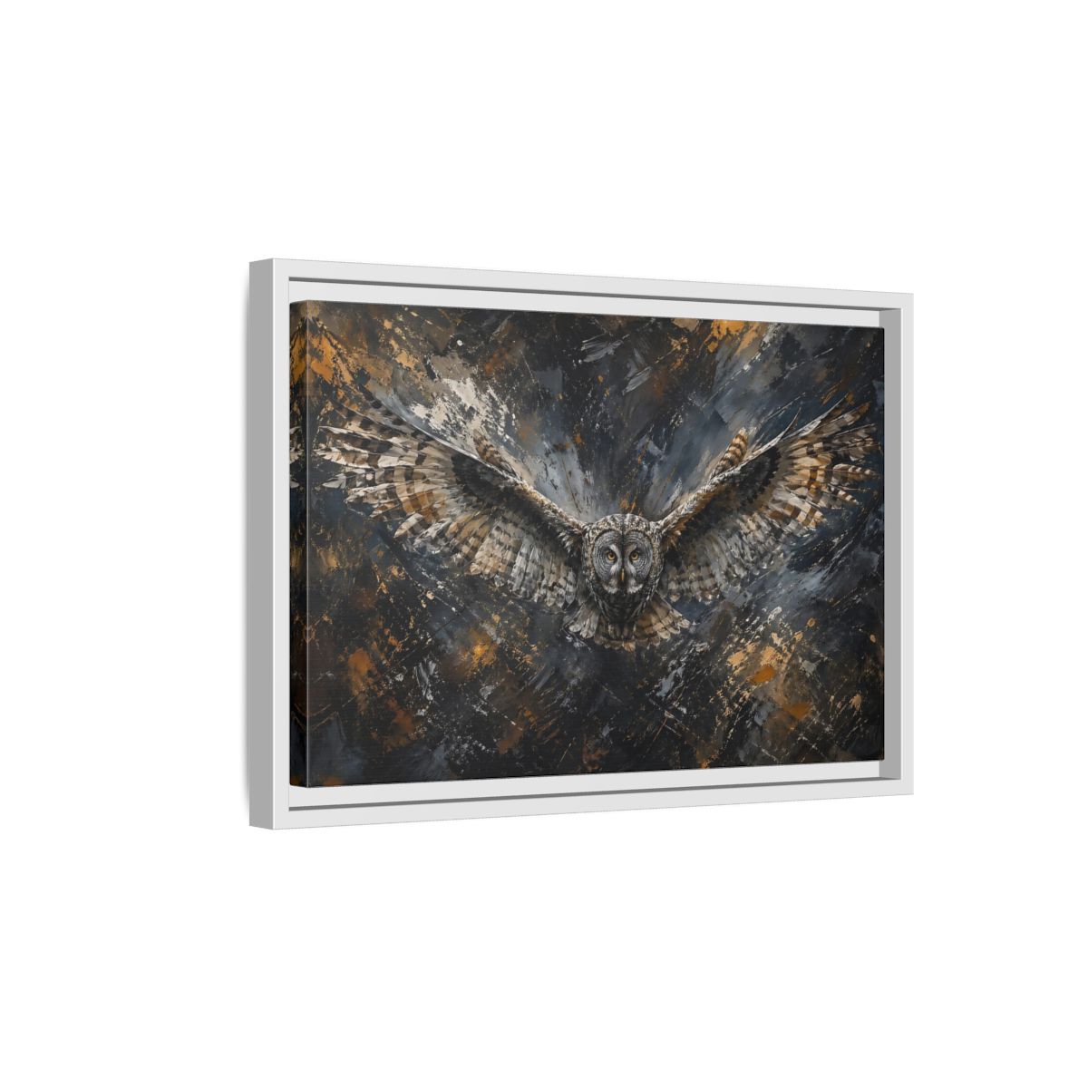 Side Mockup 4. Birds Owl Textured Owl Art shown as stretched canvas wall art
