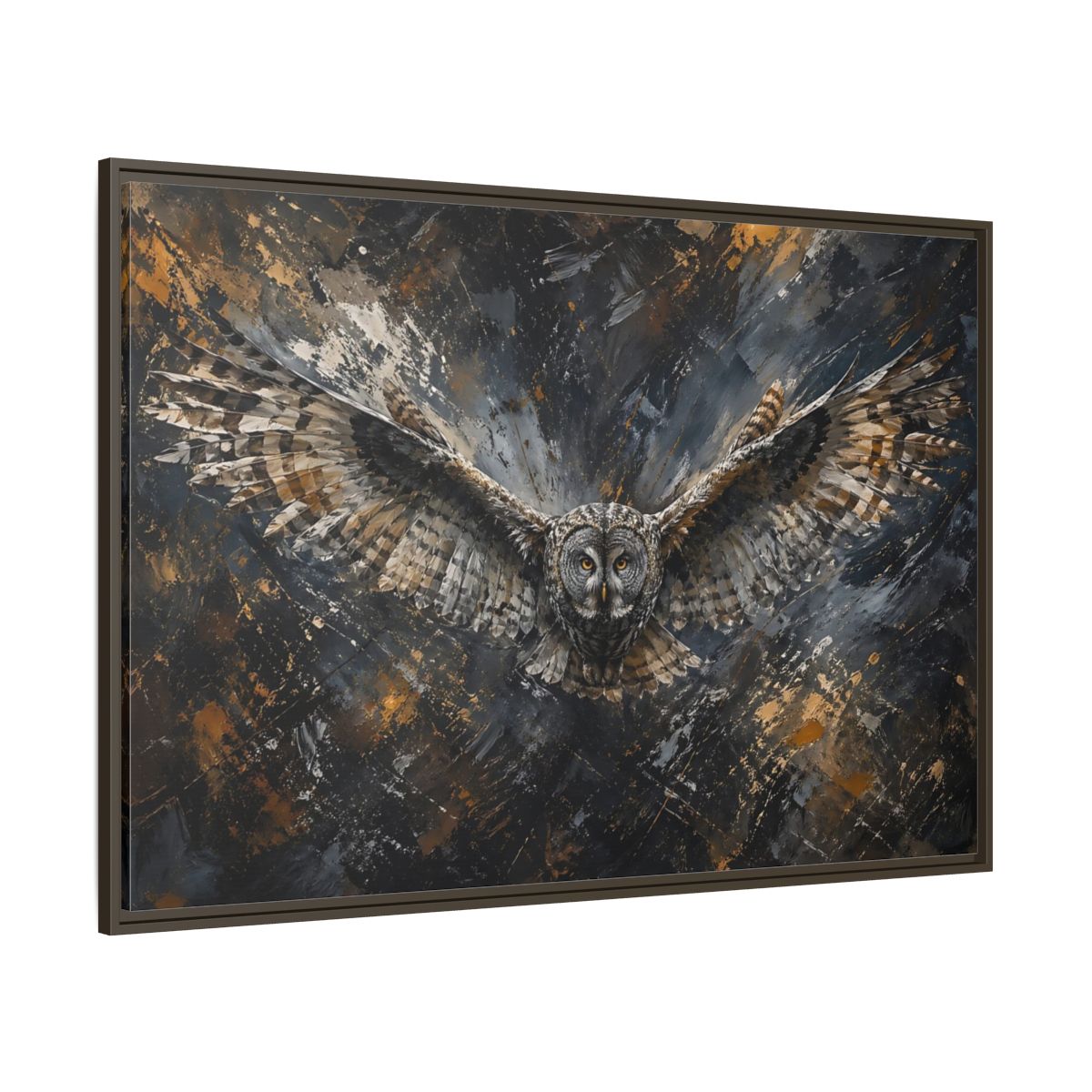 Side Mockup 8. Birds Owl Textured Owl Art shown as stretched canvas wall art