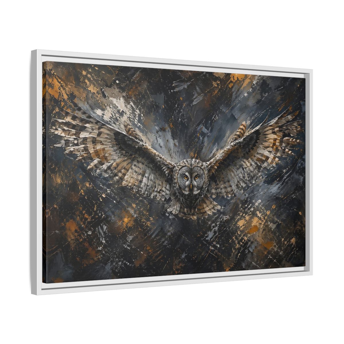 Side Mockup 10. Birds Owl Textured Owl Art shown as stretched canvas wall art