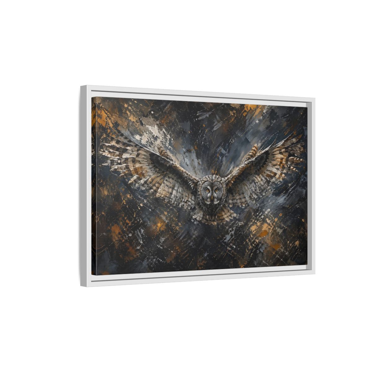 Side Mockup 1. Birds Owl Textured Owl Art shown as stretched canvas wall art